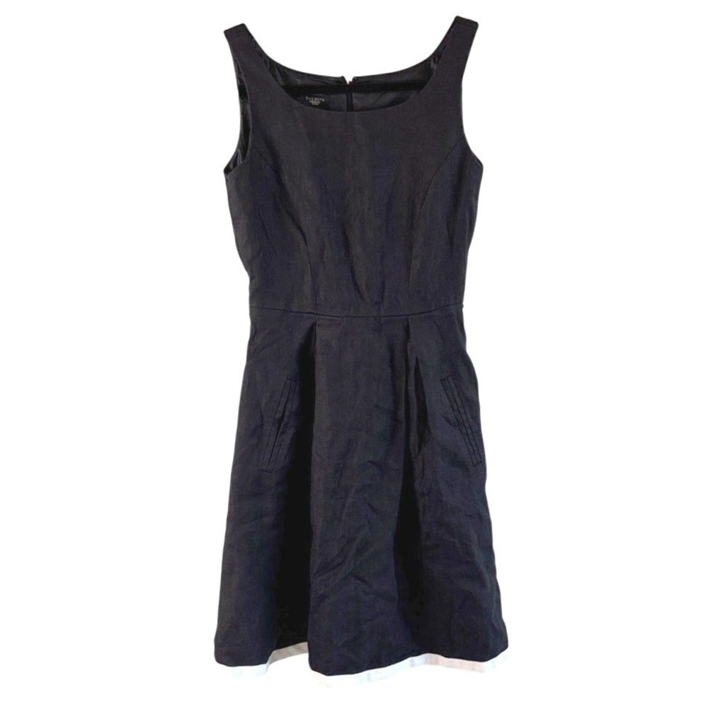 Talbots Black Sleeveless Midi Dress Fit Flare Pleated White Hem Trim 2P Ladylike